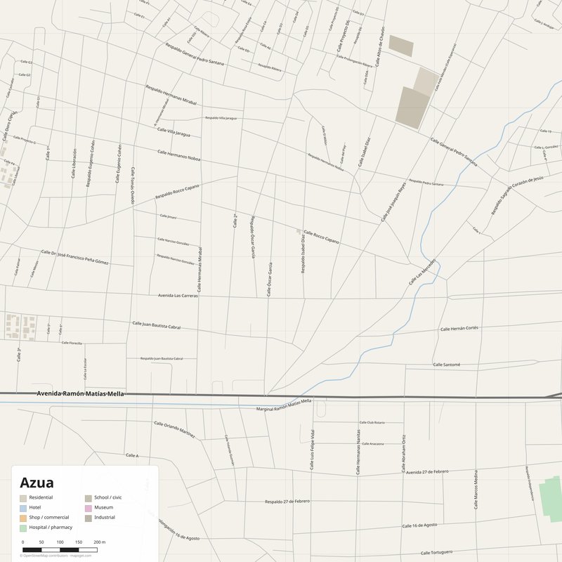 Printable street map poster of Azua, Dominican Republic