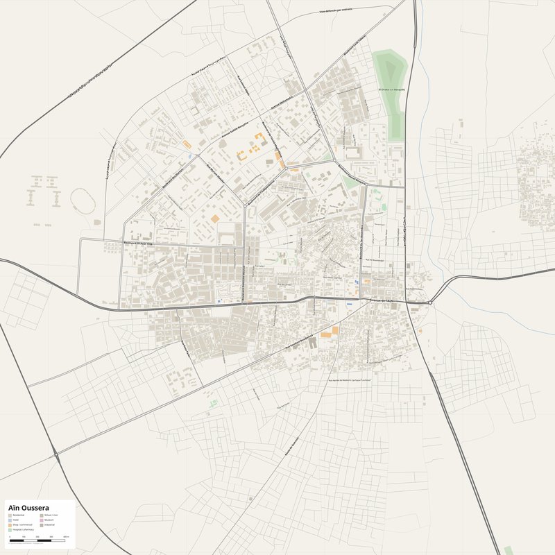 Aïn Oussera Map PDF — Printable Street Map Poster with House Numbers