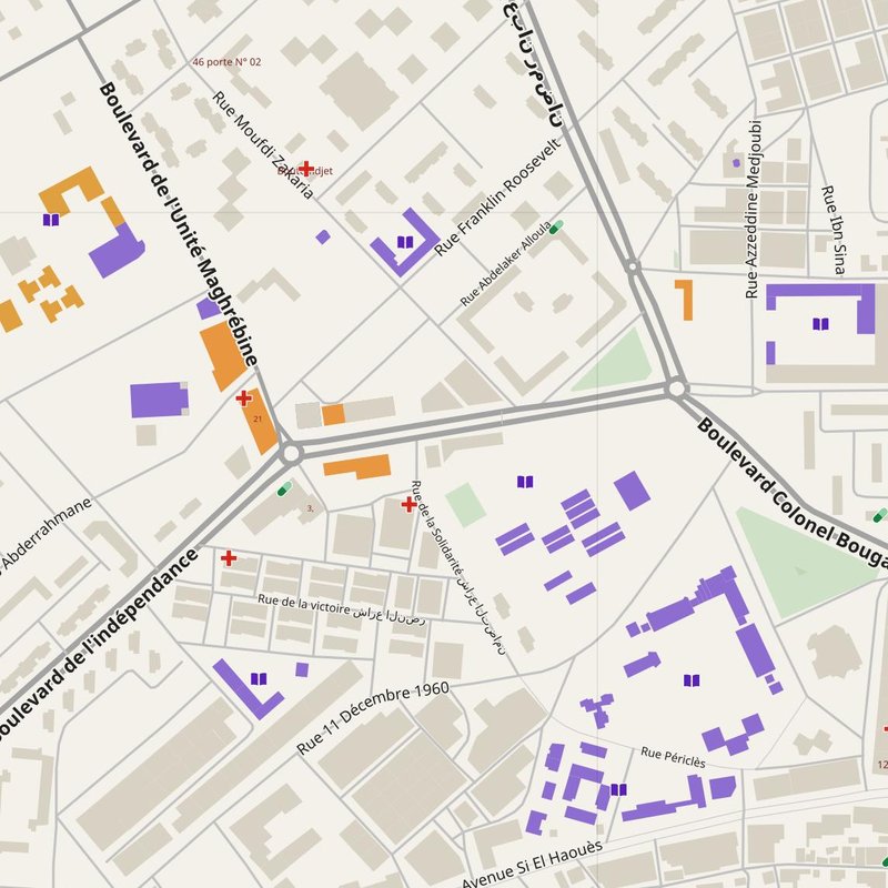 Aïn Oussera map with house numbers, hospitals, police and fire stations — printable PDF, Algeria
