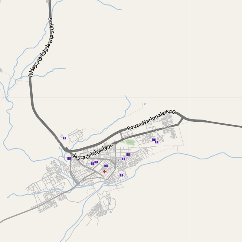 Aïn Sefra map with house numbers, hospitals, police and fire stations — printable PDF, Algeria