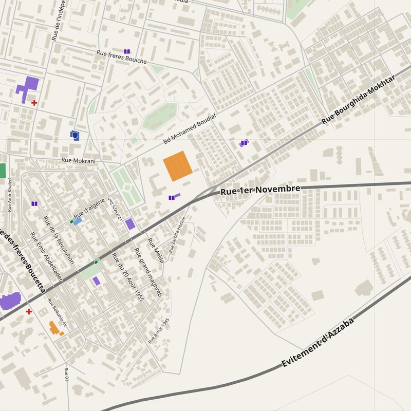 Azzaba map with house numbers, hospitals, police and fire stations — printable PDF, Algeria