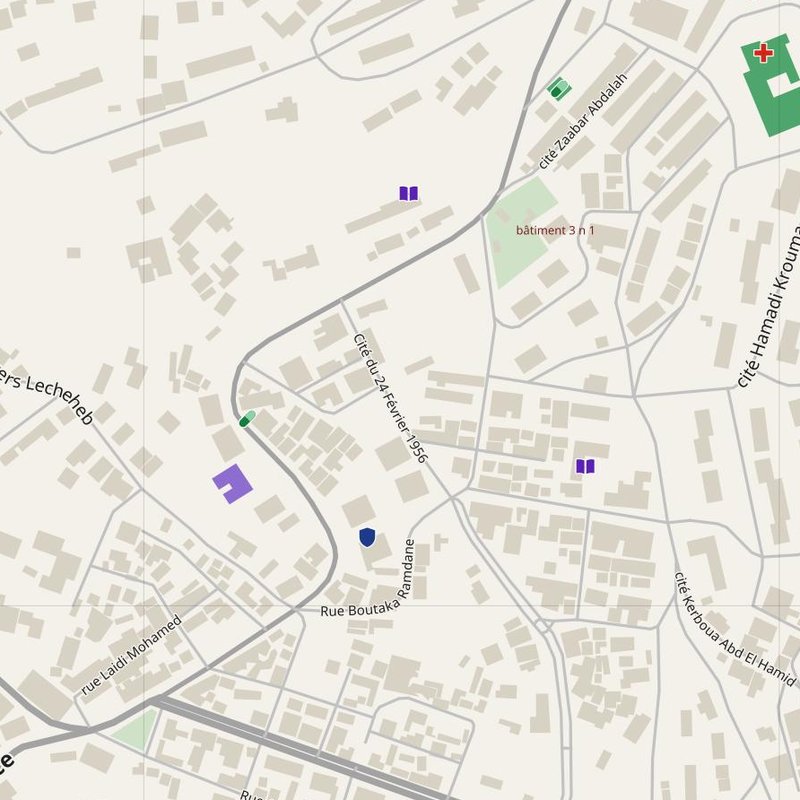 Zighout Youcef map with house numbers, hospitals, police and fire stations — printable PDF, Algeria