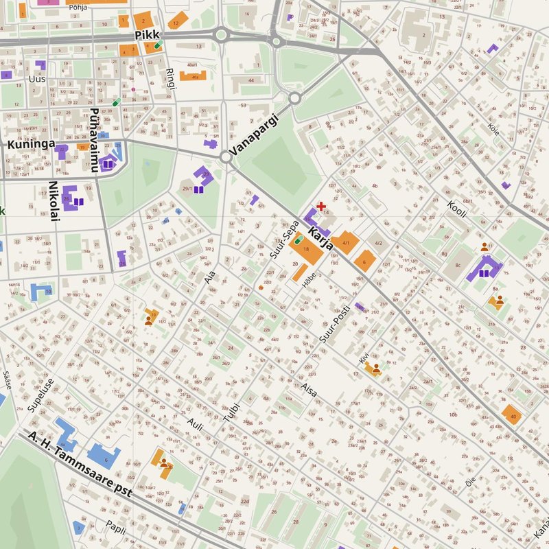 Pärnu map with house numbers, hospitals, police and fire stations — printable PDF, Estonia
