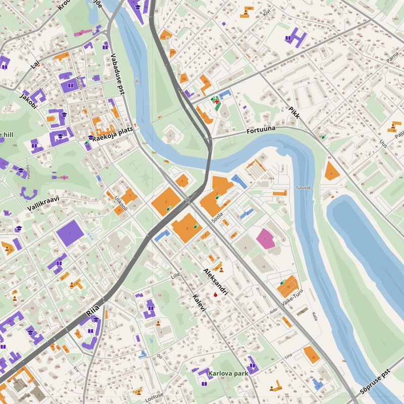 Tartu map with house numbers, hospitals, police and fire stations — printable PDF, Estonia