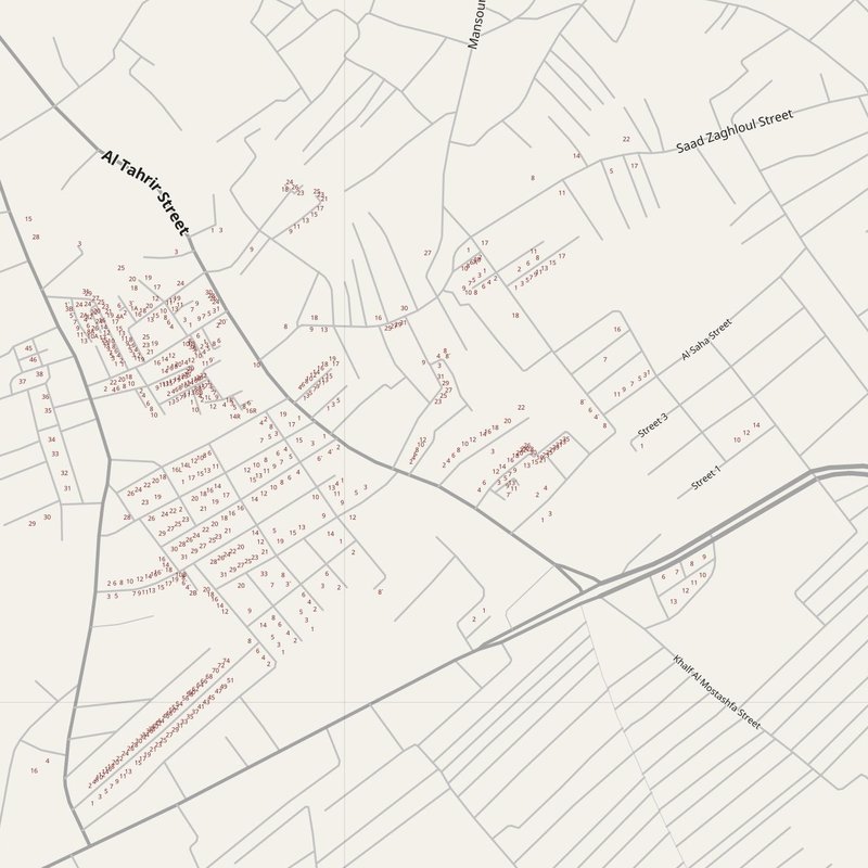 Abnūb map with house numbers, hospitals, police and fire stations — printable PDF, Egypt