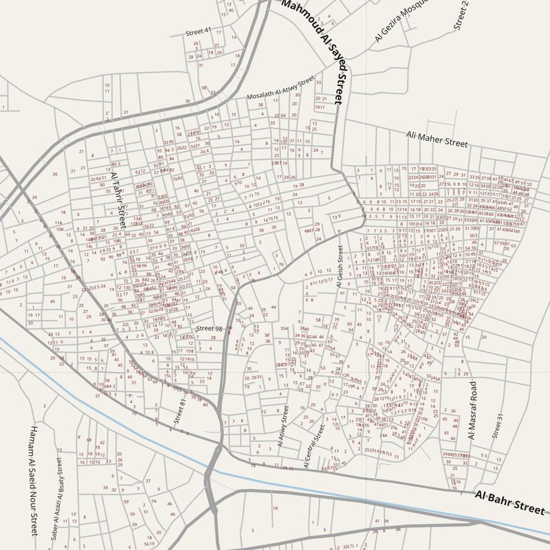 Al Jammālīyah map with house numbers, hospitals, police and fire stations — printable PDF, Egypt