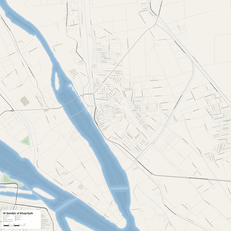 Al Qanāţir al Khayrīyah Map PDF — Printable Street Map Poster with House Numbers