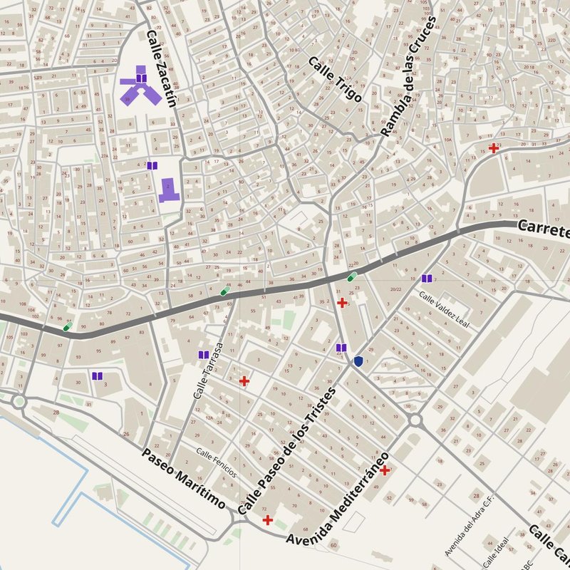 Adra map with house numbers, hospitals, police and fire stations — printable PDF, Spain