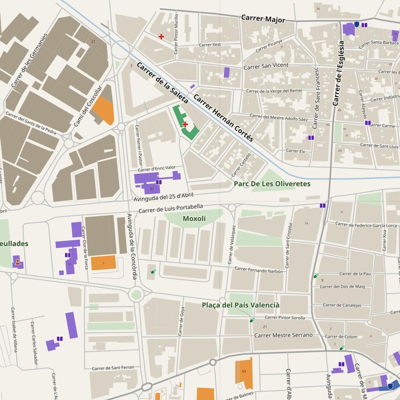 Alaquàs map with house numbers, hospitals, police and fire stations — printable PDF, Spain