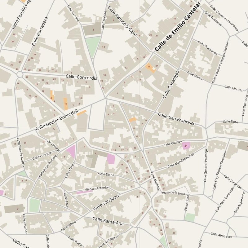 Plano callejero de Alcázar de San Juan con números de casa — mapa de direcciones PDF imprimible, España