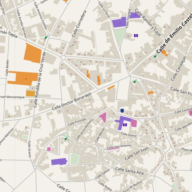 Mapa de Alcázar de San Juan con números de casa, hospitales, policía y bomberos — PDF imprimible, España