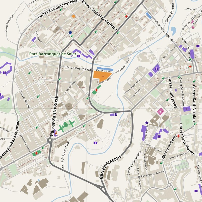 Alcoy map with house numbers, hospitals, police and fire stations — printable PDF, Spain
