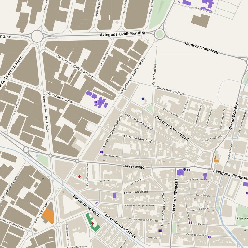 Aldaia map with house numbers, hospitals, police and fire stations — printable PDF, Spain