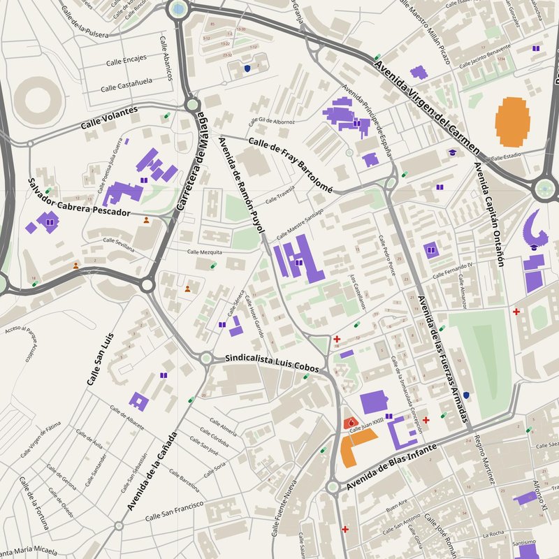 Algeciras map with house numbers, hospitals, police and fire stations — printable PDF, Spain