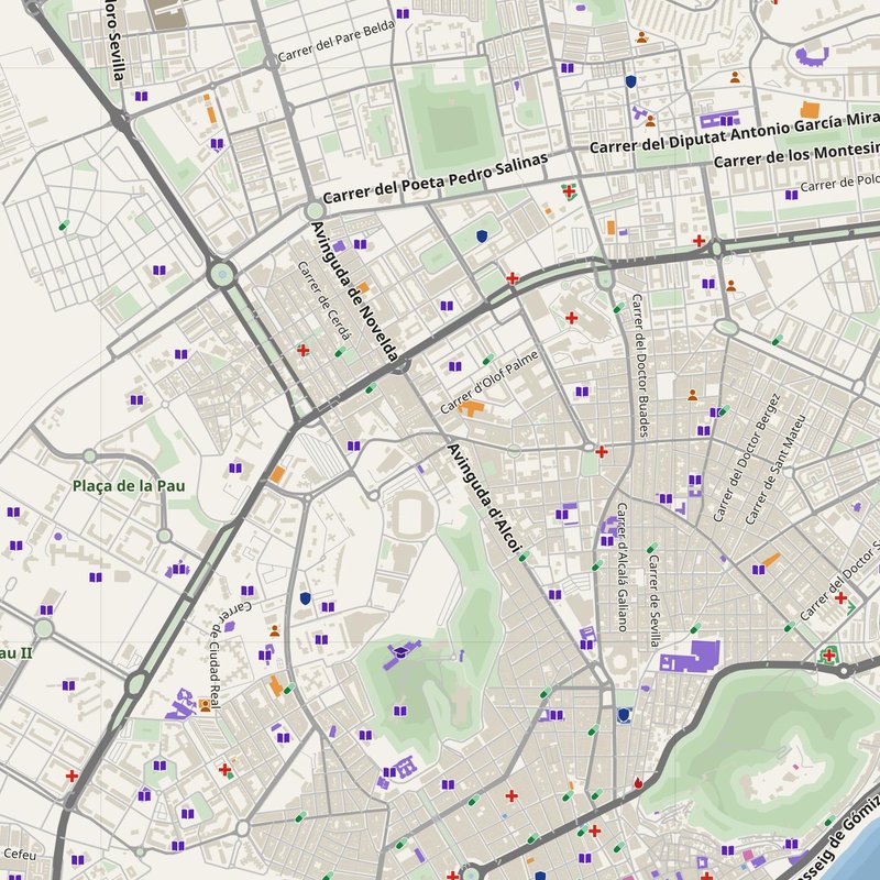 Alicante map with house numbers, hospitals, police and fire stations — printable PDF, Spain