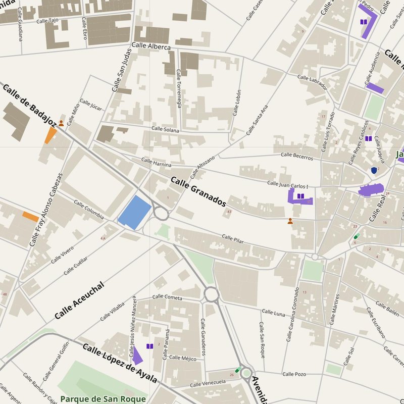 Almendralejo map with house numbers, hospitals, police and fire stations — printable PDF, Spain