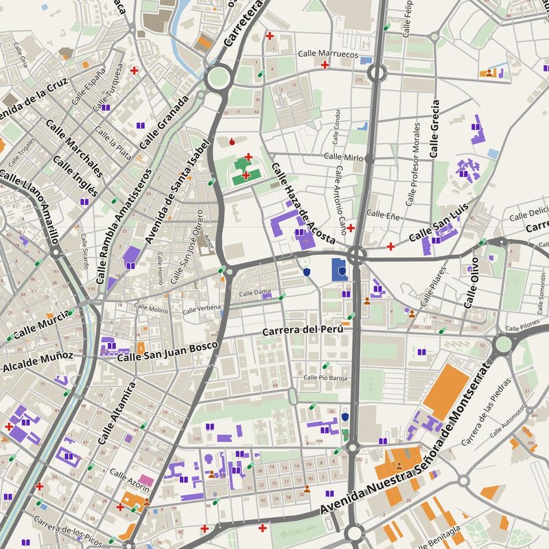 Almería map with house numbers, hospitals, police and fire stations — printable PDF, Spain