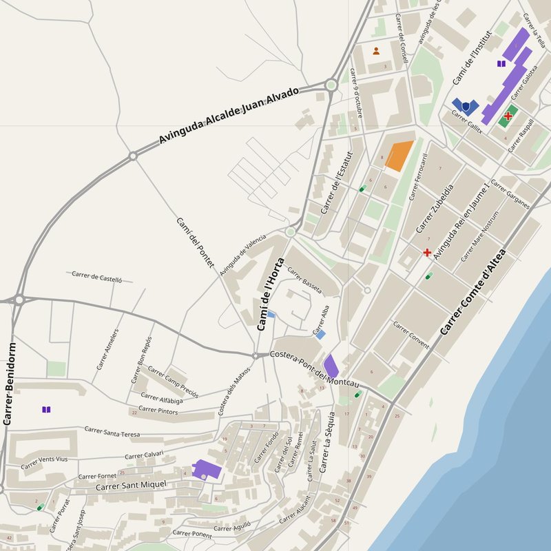 Altea map with house numbers, hospitals, police and fire stations — printable PDF, Spain