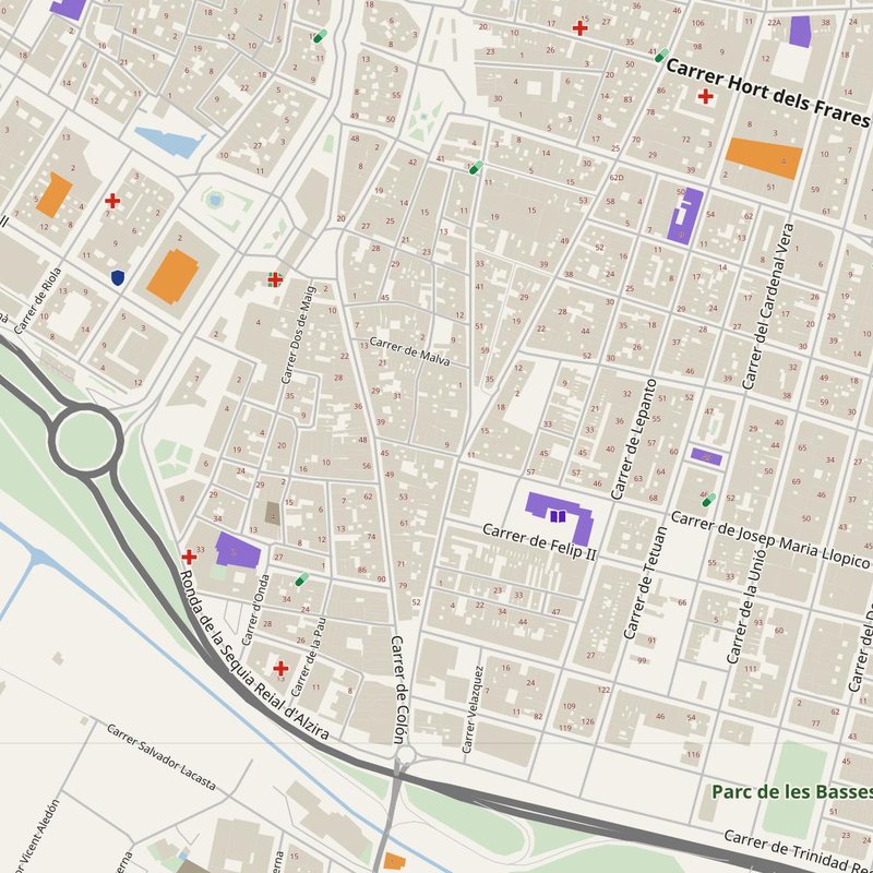 Alzira map with house numbers, hospitals, police and fire stations — printable PDF, Spain