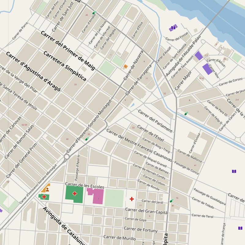 Amposta map with house numbers, hospitals, police and fire stations — printable PDF, Spain