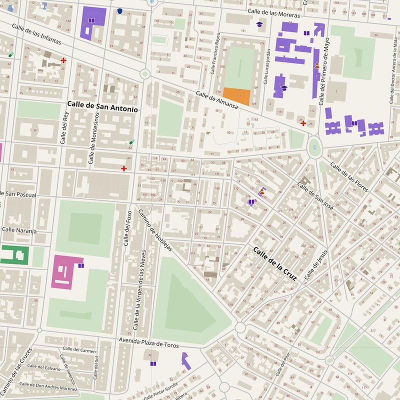 Aranjuez map with house numbers, hospitals, police and fire stations — printable PDF, Spain