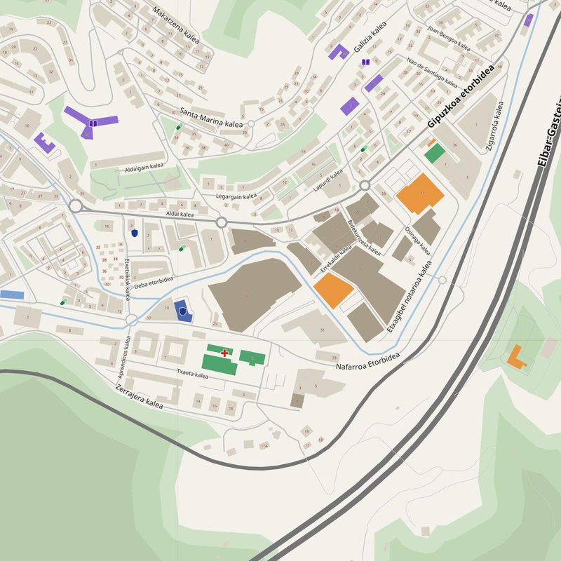 Arrasate / Mondragón map with house numbers, hospitals, police and fire stations — printable PDF, Spain