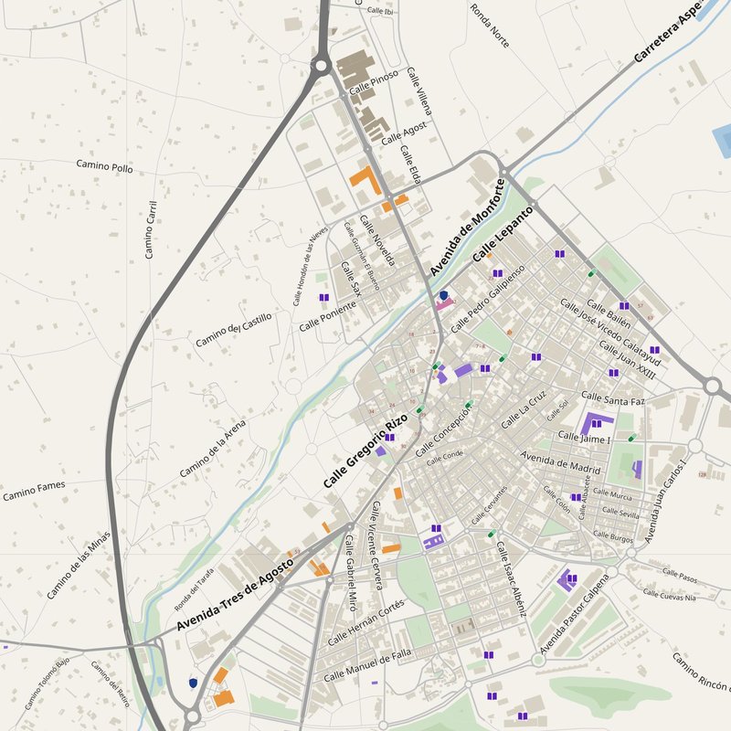 Aspe map with house numbers, hospitals, police and fire stations — printable PDF, Spain