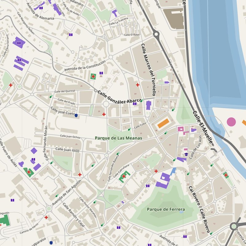 Avilés map with house numbers, hospitals, police and fire stations — printable PDF, Spain