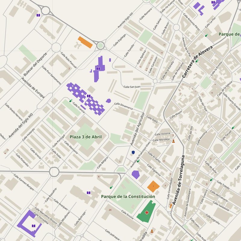 Azuqueca de Henares map with house numbers, hospitals, police and fire stations — printable PDF, Spain