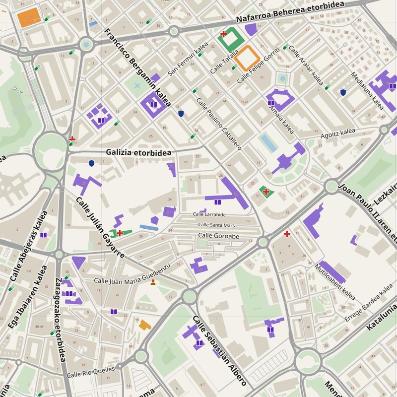 Barañáin map with house numbers, hospitals, police and fire stations — printable PDF, Spain