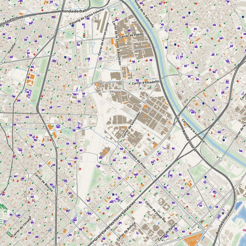 Barcelona map with house numbers, hospitals, police and fire stations — printable PDF, Spain