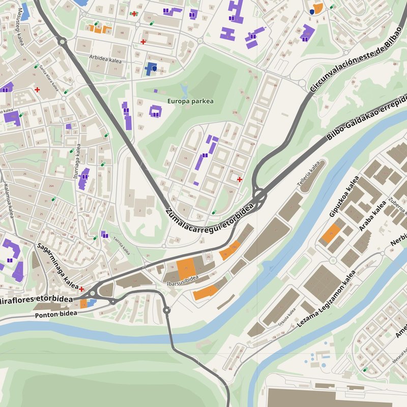 Basauri map with house numbers, hospitals, police and fire stations — printable PDF, Spain