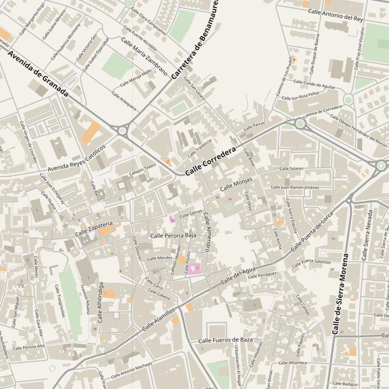Baza street map with house numbers — printable address map PDF, Spain