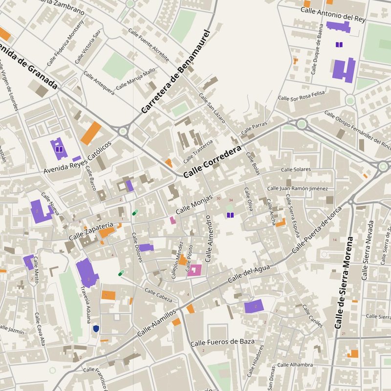 Baza map with house numbers, hospitals, police and fire stations — printable PDF, Spain