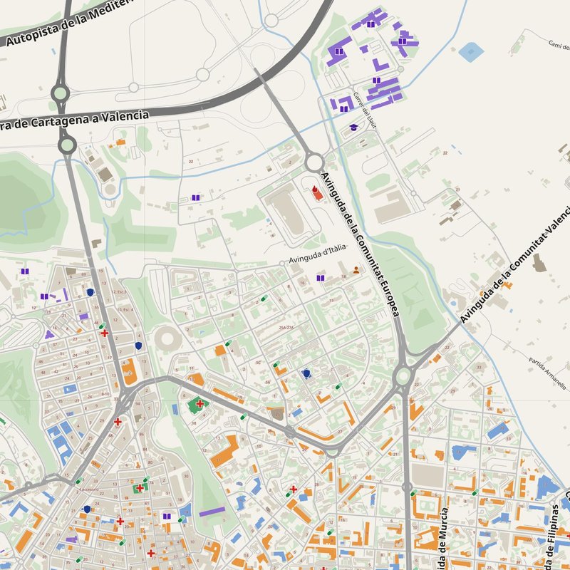 Benidorm map with house numbers, hospitals, police and fire stations — printable PDF, Spain