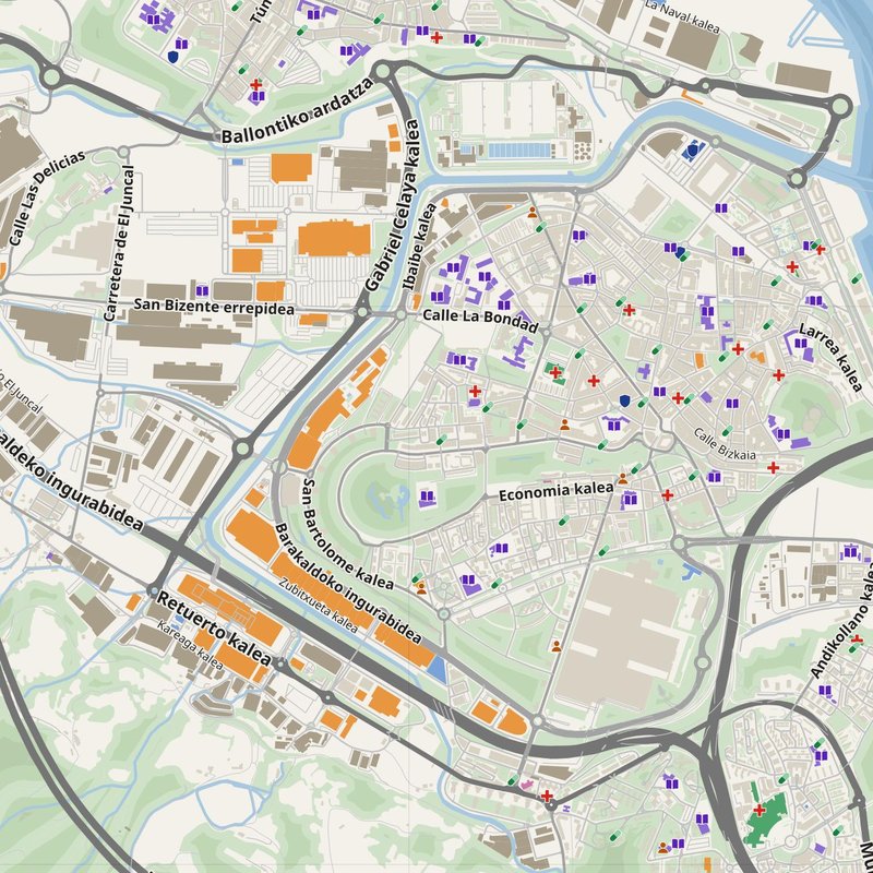 Bilbao map with house numbers, hospitals, police and fire stations — printable PDF, Spain