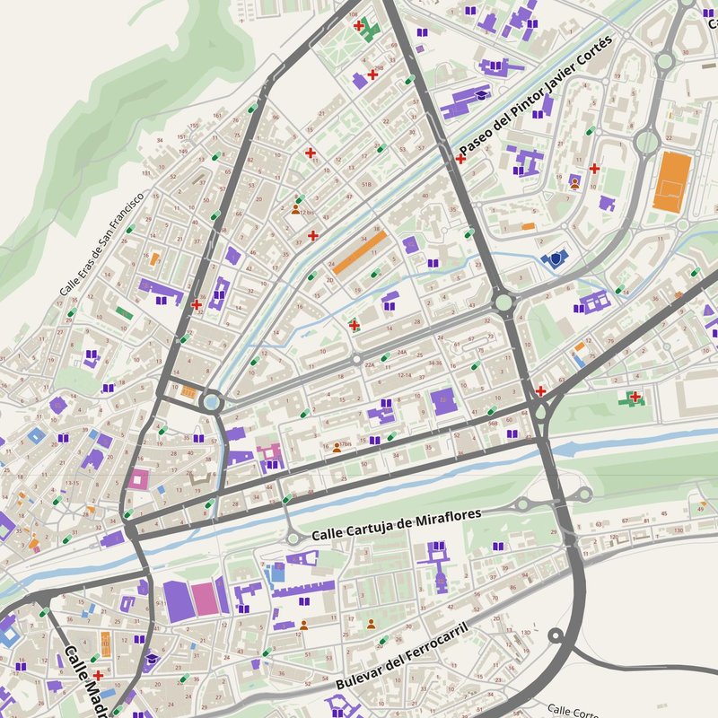 Burgos map with house numbers, hospitals, police and fire stations — printable PDF, Spain