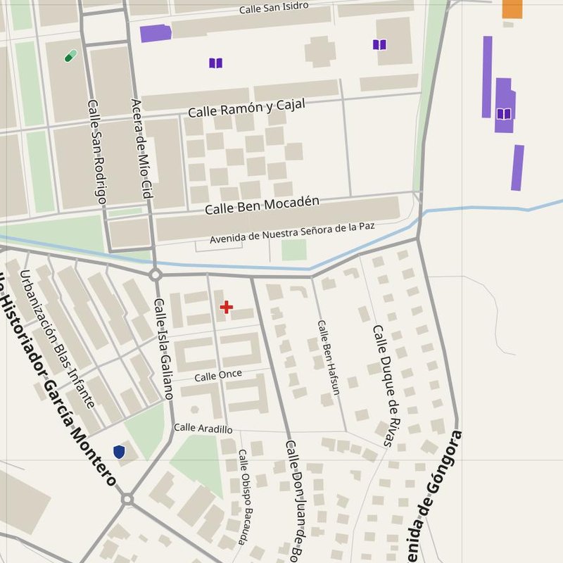 Cabra map with house numbers, hospitals, police and fire stations — printable PDF, Spain