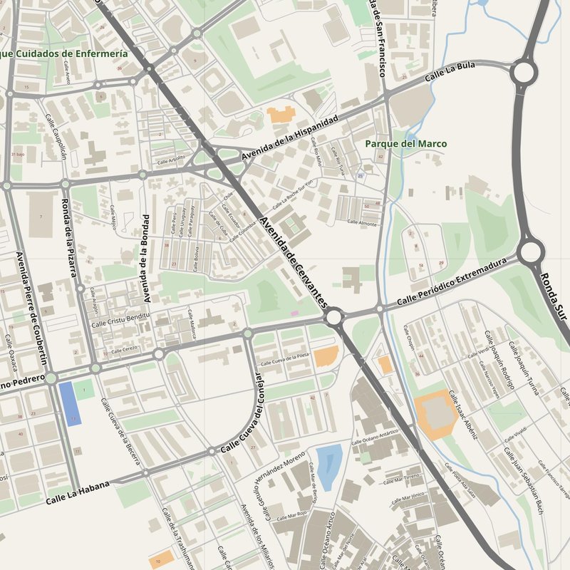 Cáceres street map with house numbers — printable address map PDF, Spain