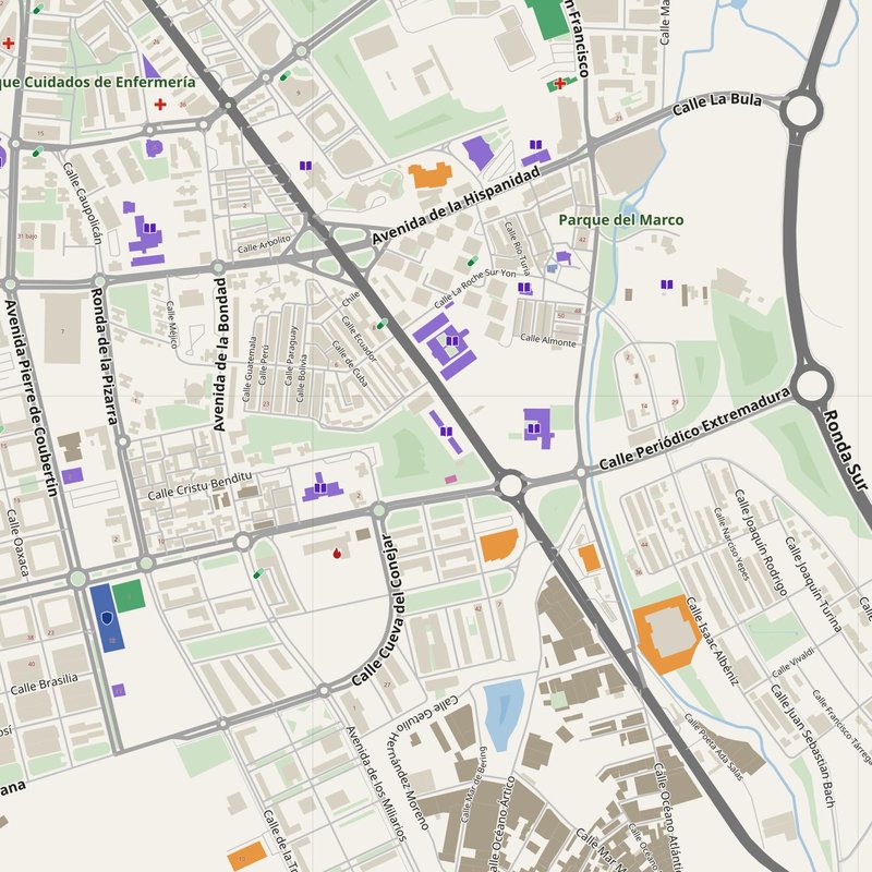 Cáceres map with house numbers, hospitals, police and fire stations — printable PDF, Spain