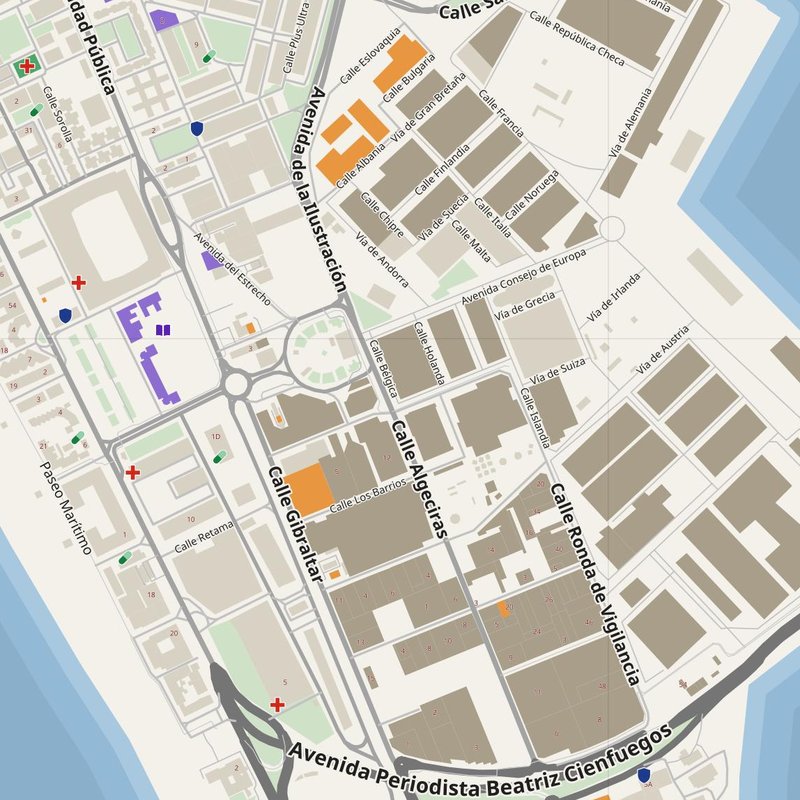 Cadiz map with house numbers, hospitals, police and fire stations — printable PDF, Spain