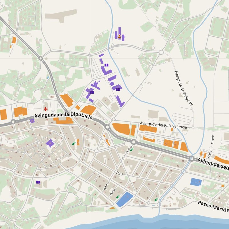 Calp map with house numbers, hospitals, police and fire stations — printable PDF, Spain