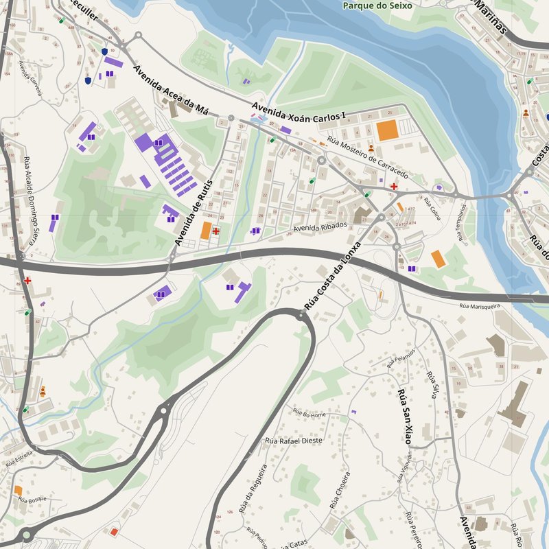 Cambre map with house numbers, hospitals, police and fire stations — printable PDF, Spain