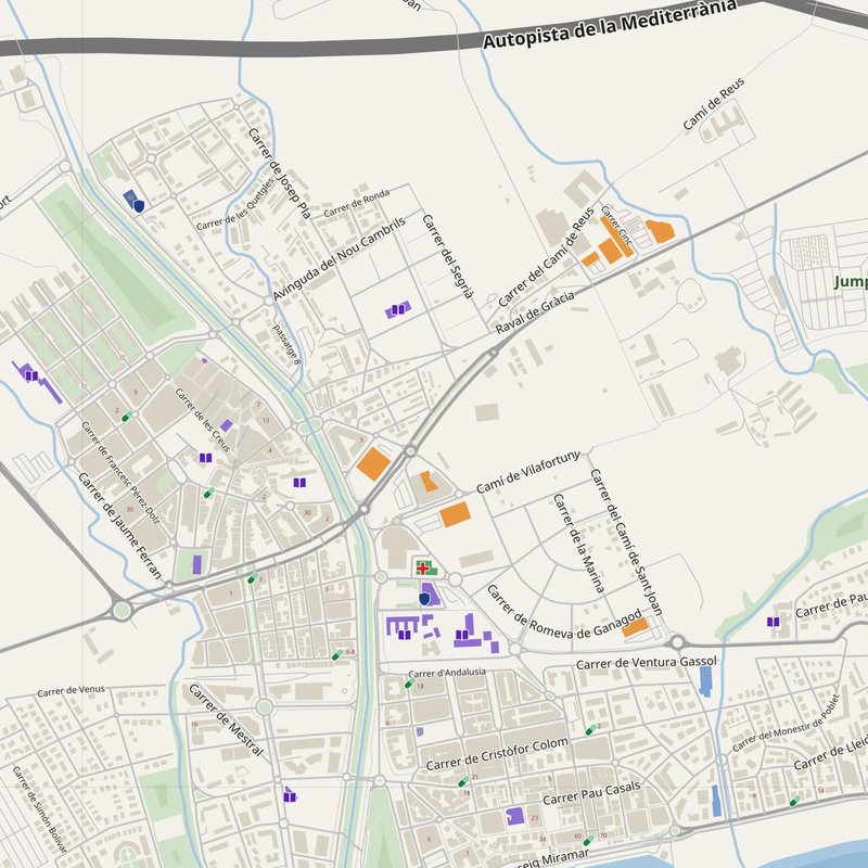 Cambrils map with house numbers, hospitals, police and fire stations — printable PDF, Spain