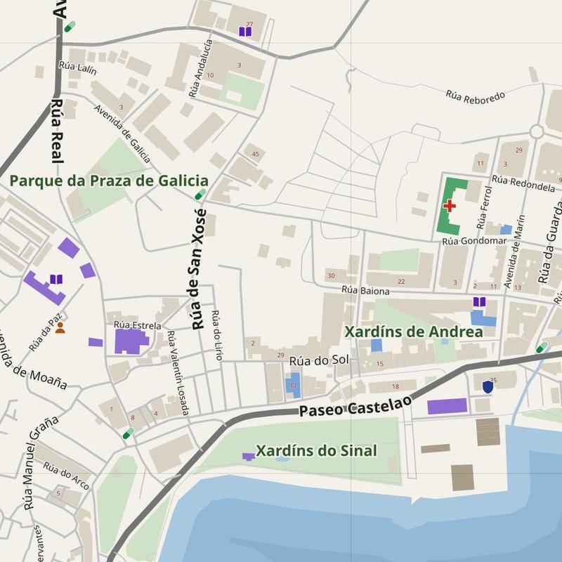 Cangas do Morrazo map with house numbers, hospitals, police and fire stations — printable PDF, Spain