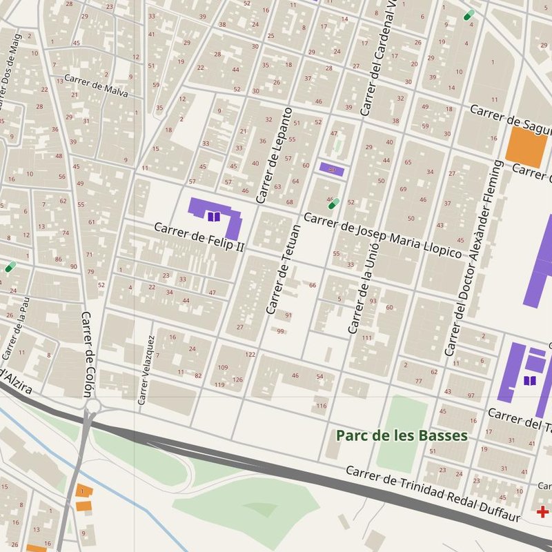 Carcaixent map with house numbers, hospitals, police and fire stations — printable PDF, Spain