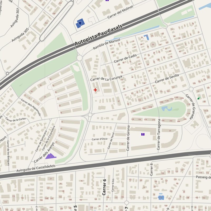 Mapa de Castelldefels con números de casa, hospitales, policía y bomberos — PDF imprimible, España