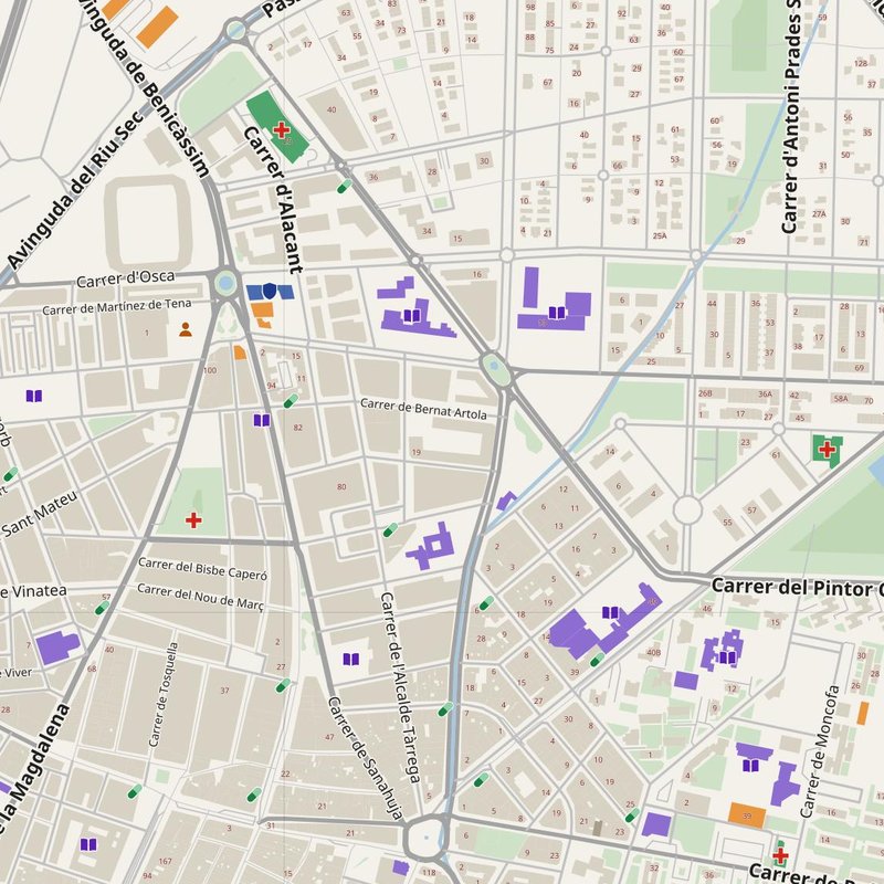 Mapa de Castelló de la Plana con números de casa, hospitales, policía y bomberos — PDF imprimible, España
