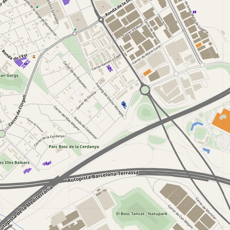 Cerdanyola del Vallès map with house numbers, hospitals, police and fire stations — printable PDF, Spain