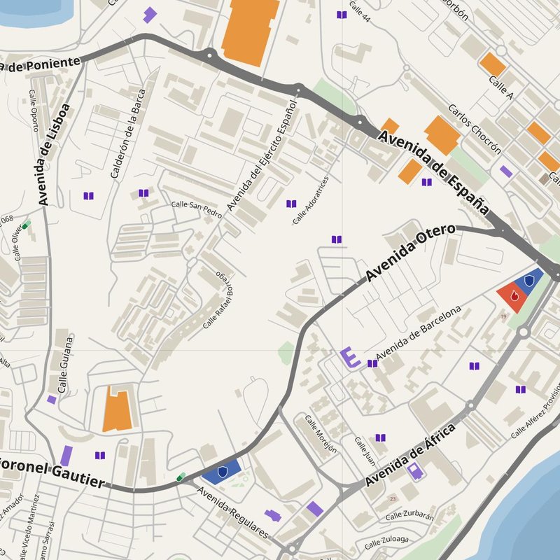 Ceuta map with house numbers, hospitals, police and fire stations — printable PDF, Spain
